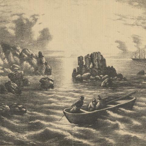 Engraving representing sailors who row in a boat near an island in the very rocky accesses.