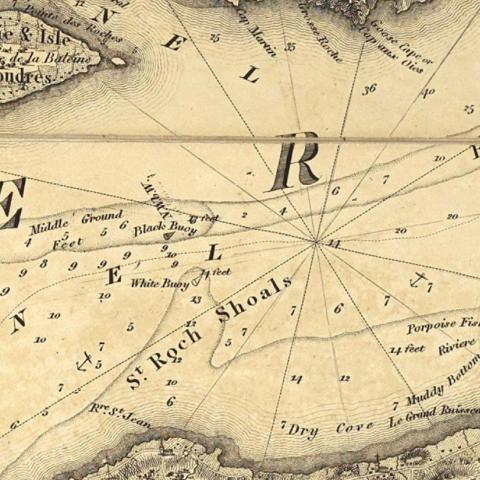 Extrait d'une carte ancienne où l'auteur précise l'emplacement de bouées et la profondeur des eaux.