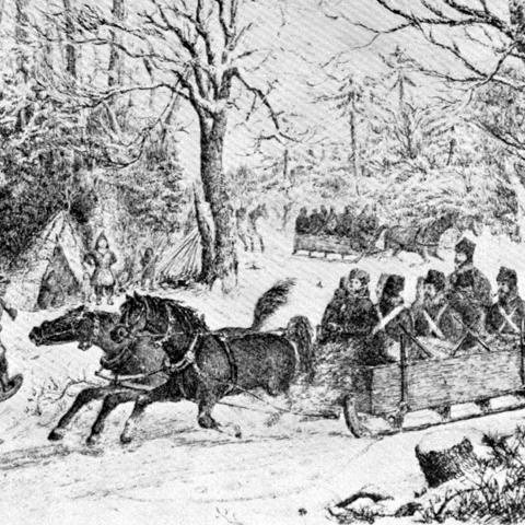 Engraving representing servicemen's convoy in a cart pulled by two horses.