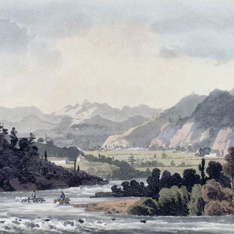 Aquarelle représentant des cavaliers qui traversent une rivière qui coule entre des montagnes.