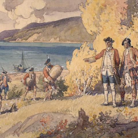 Des soldats britanniques portant le kilt transportent des marchandises.