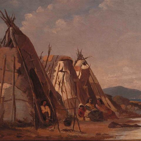 Painting of Aboriginal families in front of wigwams on a beach.