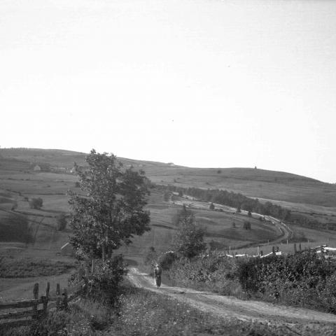 A woman walking down a dirt road in hilly country.