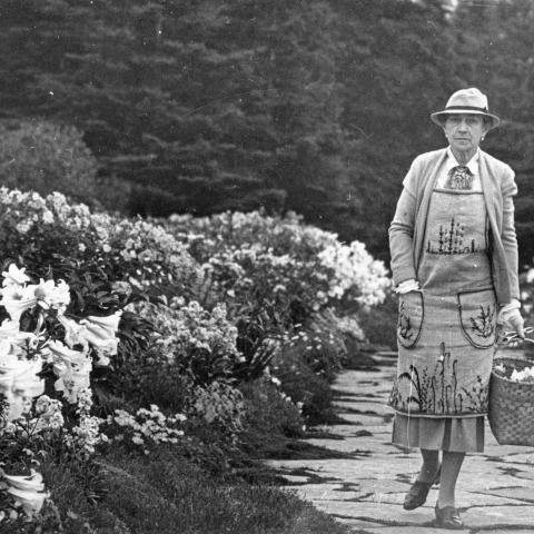 A distinguished woman wearing an embroidered apron and walking along a flower-lined walkway, basket in hand.