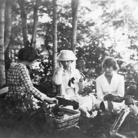 Trois femmes et un homme sont assis pour pique-niquer dans un boisé. À l'avant-plan, un panier et un thermos.