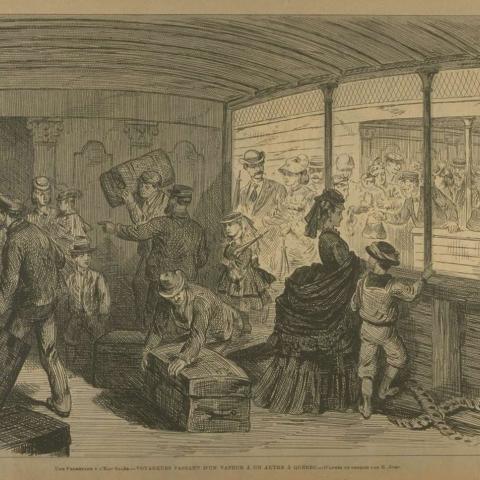 An engraving of employees busily loading suitcases a ship’s deck as passengers arrive.