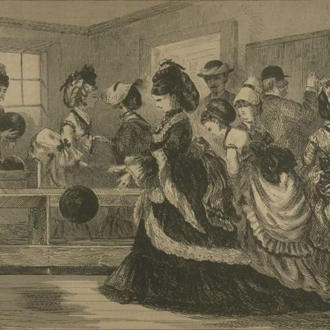 Gravure représentant un groupe principalement composé de femmes qui jouent aux quilles.