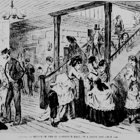 Black and white engraving of the interior of a luxurious hotel frequented by a rich clientele.
