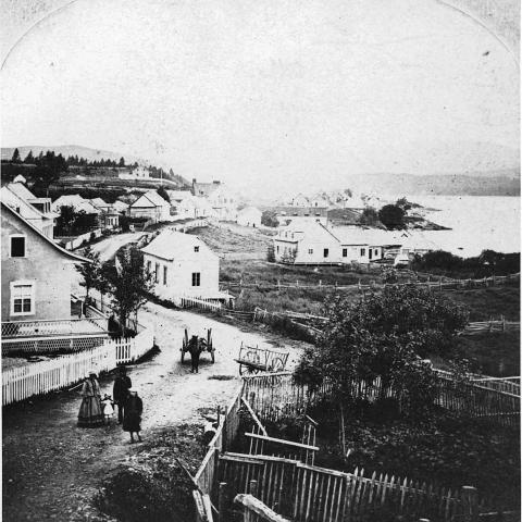 An old photograph of a hilly seaside village. A few people are in the street, near a harnessed horse.