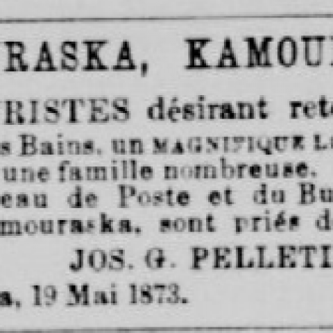 Image of the newspaper announcement "Kamouraska, Kamouraska", in French.