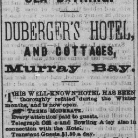 Image of newspaper announcement, in English, for Duberger’s Hotel and Cottages