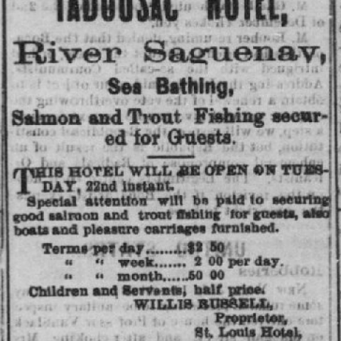 Image de l'annonce Hôtel Tadoussac tirée d'un journal ancien, en anglais.