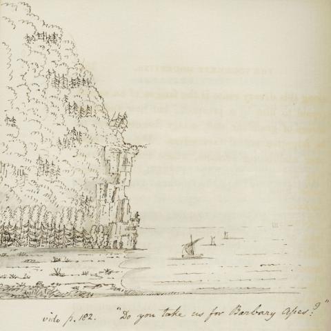 An ink drawing of a mountain dropping steeply into the river with boats below. A handwritten comment in English.
