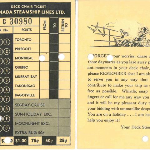 Numérisation d'un billet poinçonné donnant accès au pont d'un bateau de croisière, rédigé en anglais.