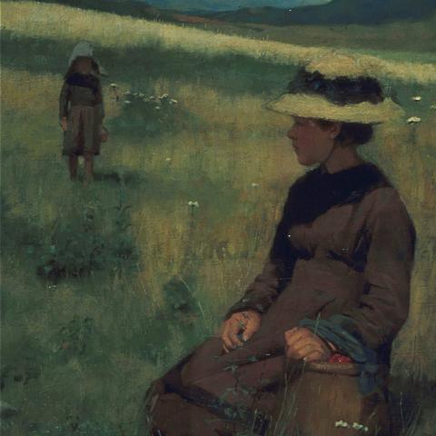 Peinture d'une jeune femme agenouillée dans un champ, cueillant des fraises des champs dans un paysage montagneux.