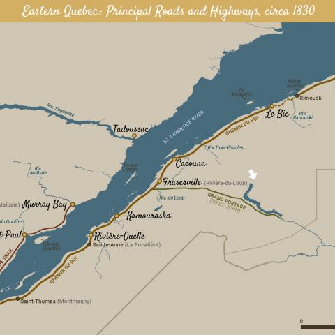 A coloured map of eastern Quebec showing the main roads built around 1830.