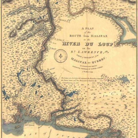 Carte ancienne du territoire compris entre l’embouchure du Saint-Laurent, au nord, et l’océan Atlantique, au sud (en anglais).