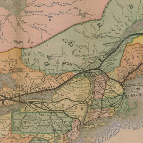 Carte ancienne en couleurs illustrant l’étendue du réseau ferroviaire du Grand Tronc entre Chicago et Halifax.