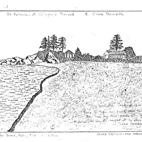 Photocopied drawing of a beach, trees and bushes, and a few buildings on the shore.