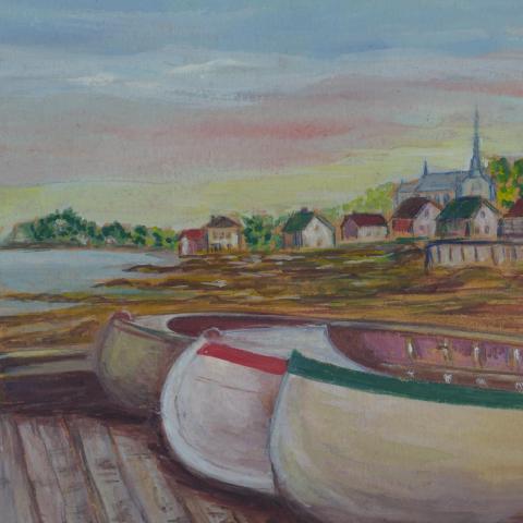 A watercolour depicting three canoes on a wharf and a coastal village in the background.