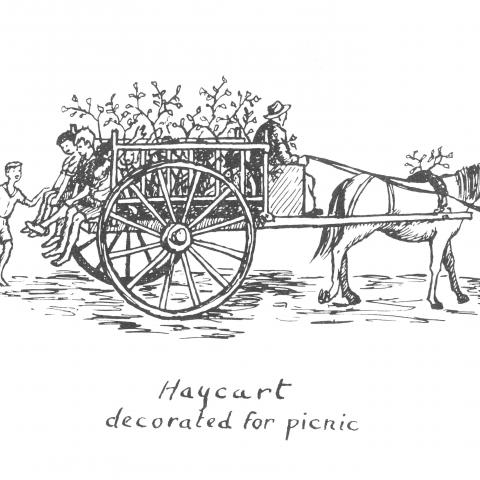 Ink drawing of children riding in a two-wheeled horse cart decorated with branches.