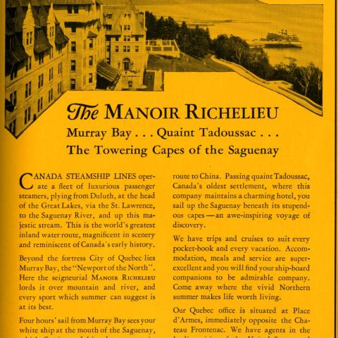 Advertising for the Manoir Richelieu hotel, showing the wharf at Pointe-au-Pic and a cruise steamer in the background.