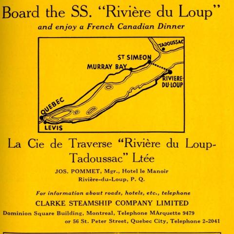 Publicité en anglais d’un service de traversier. Une carte présente une suggestion de trajet de voyage dans l’est du Québec.