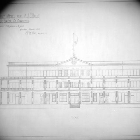 An architectural sketch of a hotel.