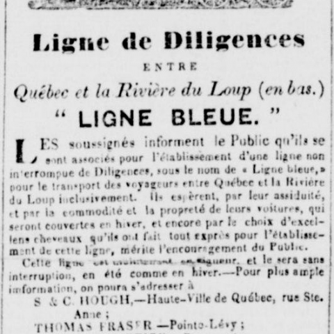 Publicité tirée d’un journal ancien dont le titre est précédé d’une image représentant une diligence tirée par quatre chevaux.