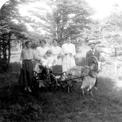 Portrait de famille avec deux enfants assis dans une petite carriole tirée par une chèvre.