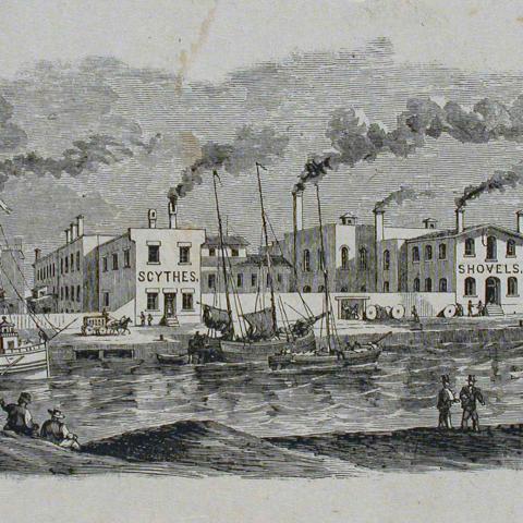 Gravure présentant des usines tout près d’un port où circulent des bateaux à voile et un bateau à vapeur.