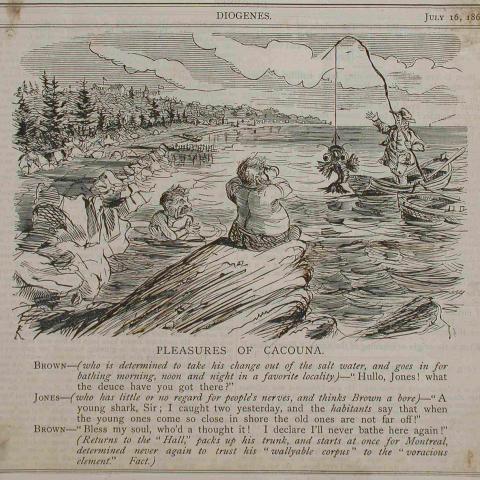 Caricature en anglais représentant un nageur qui discute avec un pêcheur debout dans sa chaloupe, un poisson au bout de ligne.