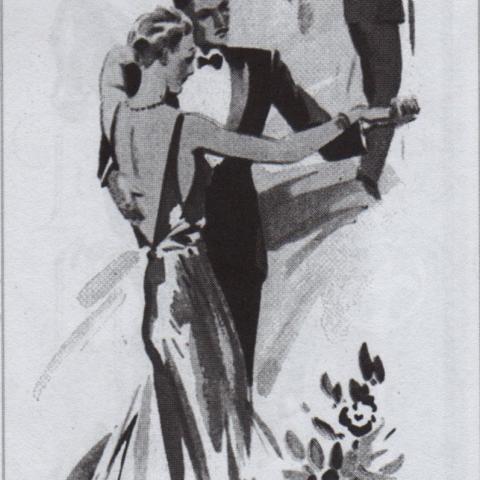 Dessin à l’encre de Chine représentant quatre couples élégants qui valsent. Les hommes portent le smoking.