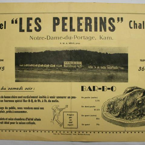 Printed on a placemat, this ad praises of the meals, rooms and cabins at Hôtel Les Pèlerins.