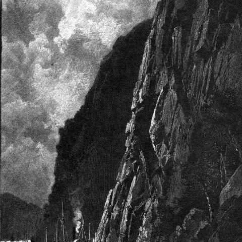 Engraving of a cruise steamer at the foot of a huge cliff.