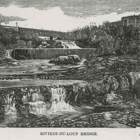 Gravure représentant un pont ferroviaire surplombant les chutes d’une rivière.