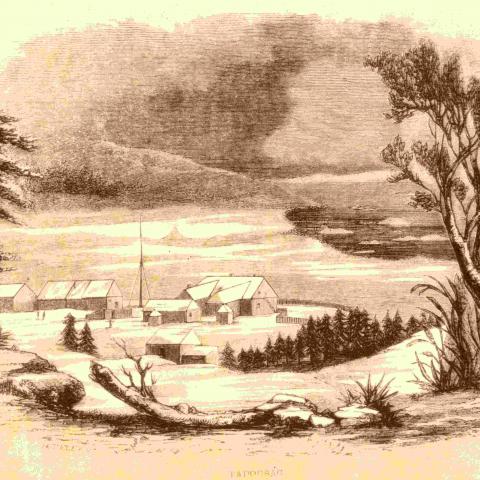 A drawing of several old buildings against mountains and near a waterway.