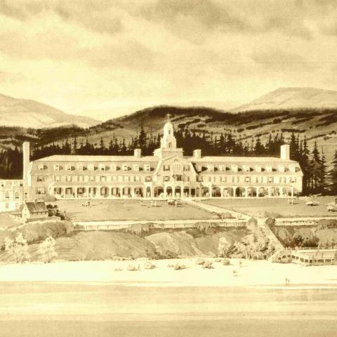 A watercolour showing a grand hotel built between beach and mountains.
